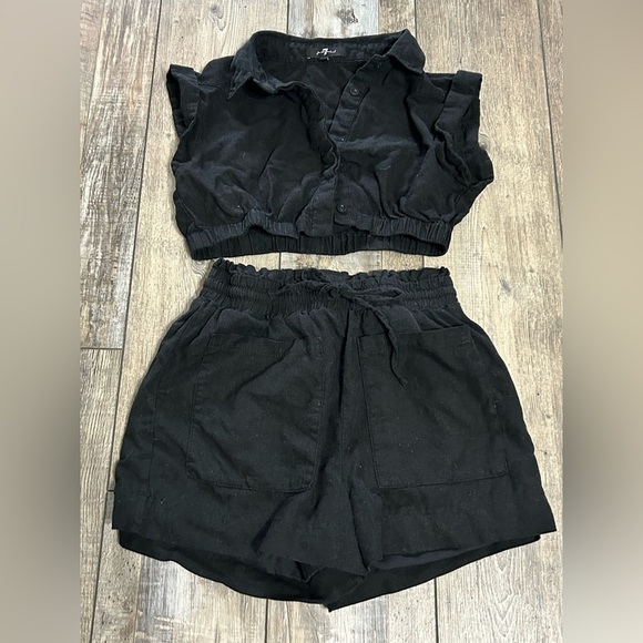 7 For All Mankind Pants - 7 for All mankind Black Sleeveless button collared Crop Top & Shorts Set (2pcs)